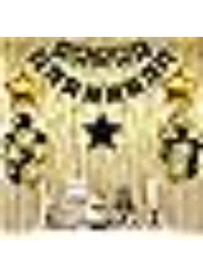 Gold and Black Birthday Decorations Set - Happy Birthday Banner, Foil Fringe and Mylar Star Balloons for Party - Image 1